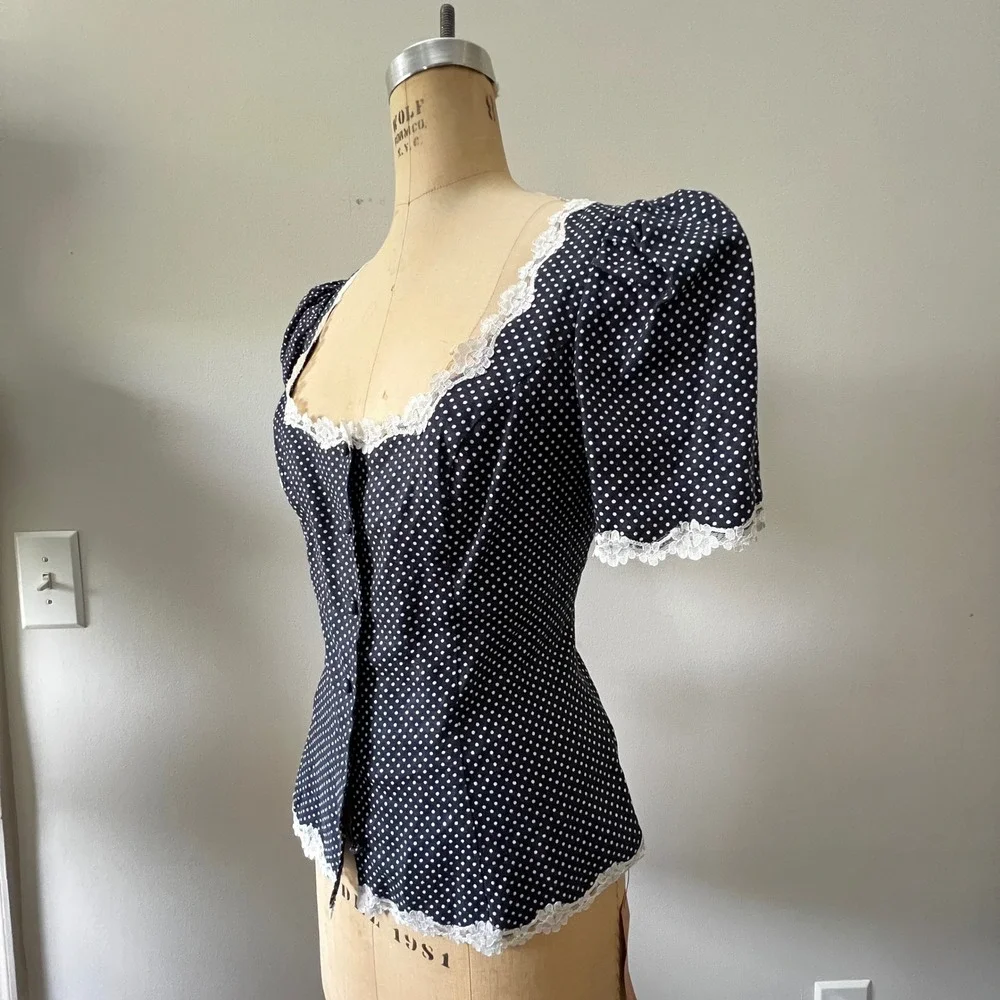 Reformation Anabella Polka Dot Linen Lace Trim Puff Sleeve Button Front Top S/M